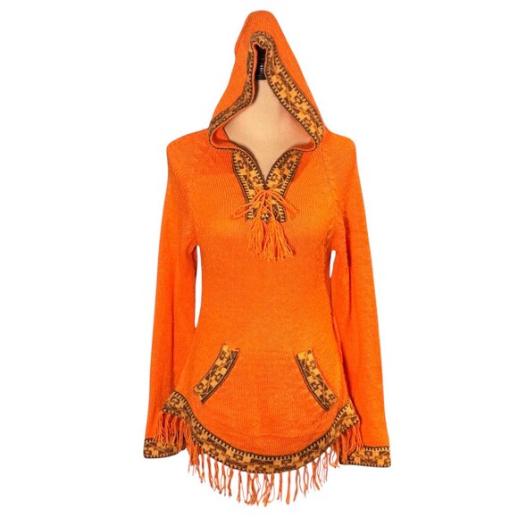 VTG 100% Alpaca Hooded Fringe Sweater Sz.S Orange Cabin Aztec Western Cowgirl - Picture 2 of 14